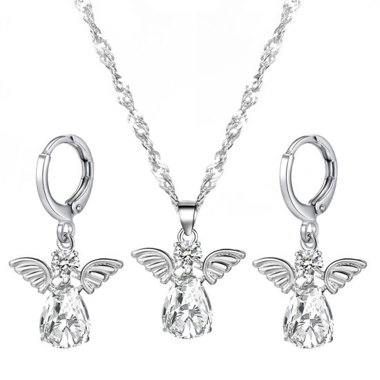 Bild von 1 Set Ins Stil Schmuck Halskette Ohrringe Set Silberfarbe Engel Tropfen Transparent Strass 50cm lang