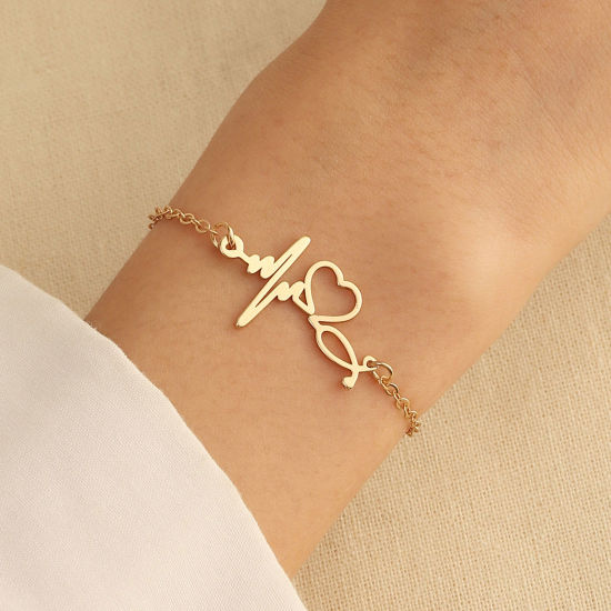 Picture of 1 Piece Copper Ins Style Bracelets Gold Plated Heartbeat/ Electrocardiogram 17cm(6 6/8") long