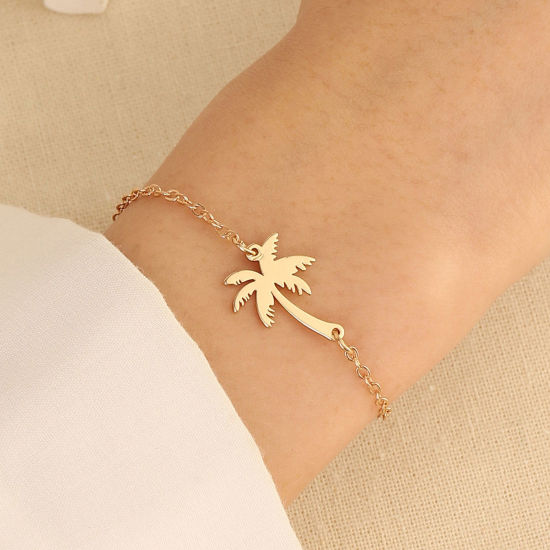 Picture of 1 Piece Copper Ins Style Bracelets Gold Plated Coconut Palm Tree 17cm(6 6/8") long