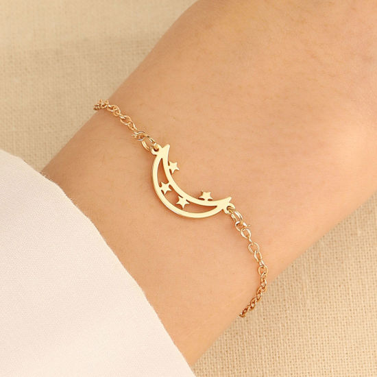 Picture of 1 Piece Copper Ins Style Bracelets Gold Plated Half Moon Pentagram Star 17cm(6 6/8") long