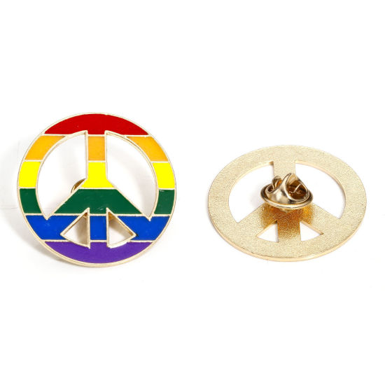 Picture of 5 PCs Zinc Based Alloy Rainbow Pin Brooches Peace Symbol Gold Plated Multicolor Enamel 3.4cm Dia.