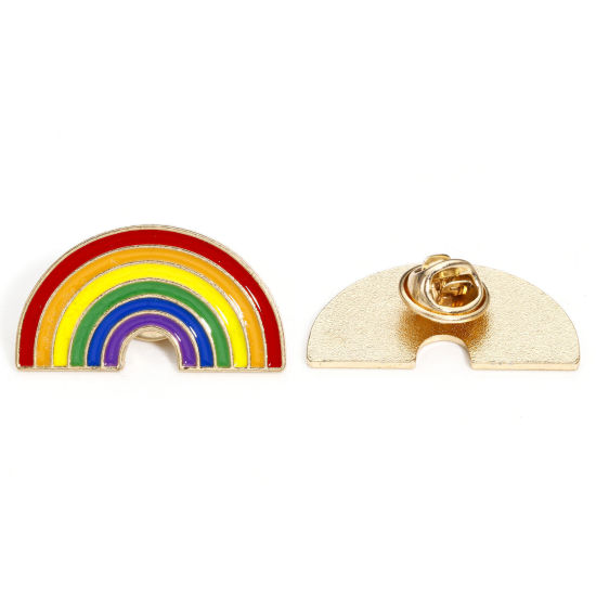 Picture of 5 PCs Zinc Based Alloy Rainbow Pin Brooches Rainbow Gold Plated Multicolor Enamel 3.3cm x 1.8cm