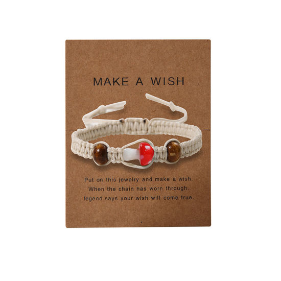 Picture of 1 Piece Acrylic & Wood Cardboard Series Braided Bracelets Red Mushroom Adjustable 18cm-26cm long