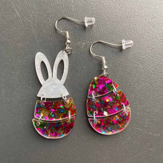 Picture of 1 Pair Acrylic Easter Day Asymmetric Earrings Fuchsia Rabbit Animal Easter Egg Glitter 4.8cm x 2.3cm