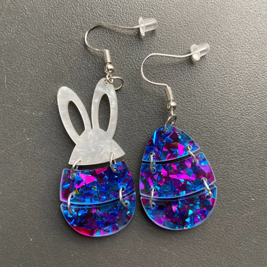 Picture of 1 Pair Acrylic Easter Day Asymmetric Earrings Blue Rabbit Animal Easter Egg Glitter 4.8cm x 2.3cm