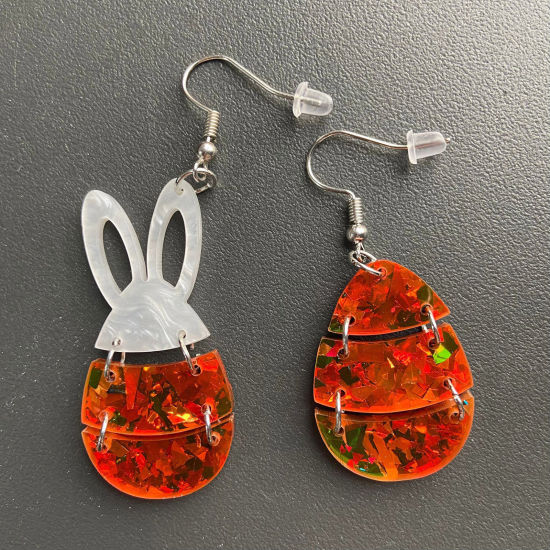 Picture of 1 Pair Acrylic Easter Day Asymmetric Earrings Orange-red Rabbit Animal Easter Egg Glitter 4.8cm x 2.3cm