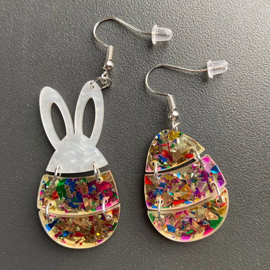 Picture of 1 Pair Acrylic Easter Day Asymmetric Earrings Golden Rabbit Animal Easter Egg Glitter 4.8cm x 2.3cm