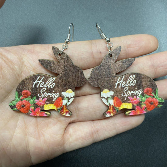 Picture of 1 Pair Wood Easter Day Earrings Multicolor Rabbit Animal Flower Message " Hello Spring " 4cm