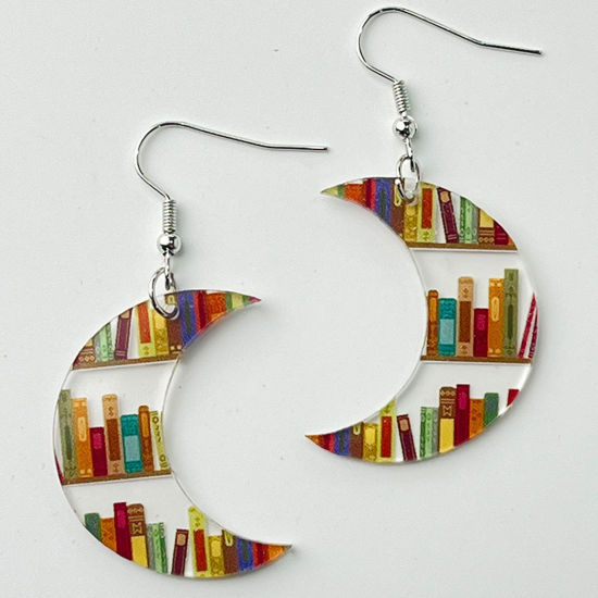 Picture of 1 Pair Acrylic College Jewelry Earrings Silver Tone Book Moon 6cm