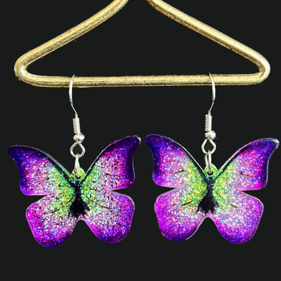 Picture of 1 Pair Acrylic Pastoral Style Earrings Silver Tone Purple Butterfly Animal Glitter 6cm x