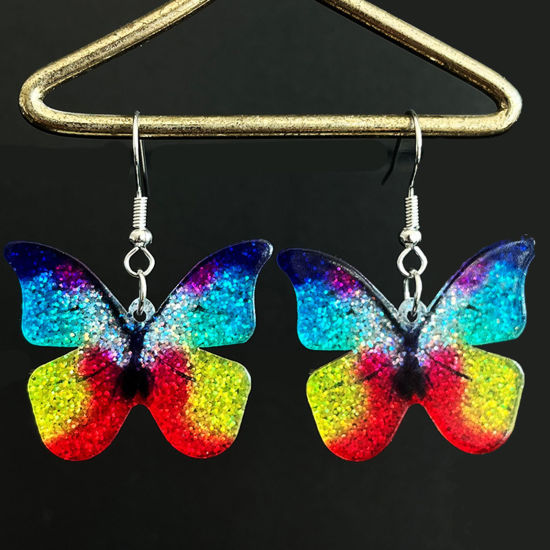 Picture of 1 Pair Acrylic Pastoral Style Earrings Silver Tone Multicolor Butterfly Animal Glitter 6cm x