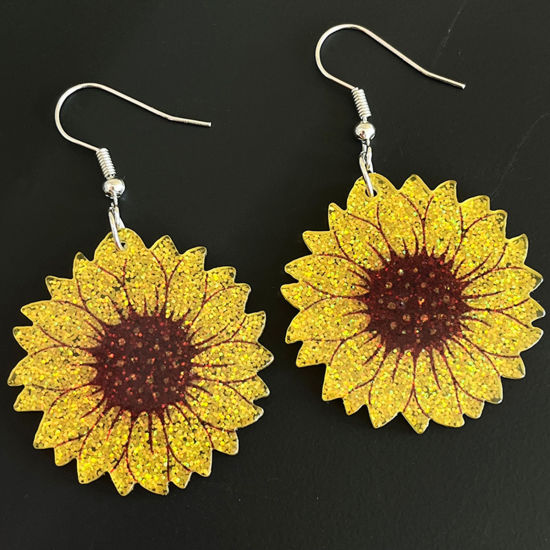 Picture of 1 Pair Acrylic Pastoral Style Earrings Silver Tone Yellow Sunflower Glitter 6cm x