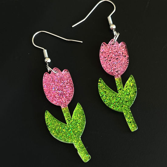 Picture of 1 Pair Acrylic Pastoral Style Earrings Silver Tone Pink & Green Tulip Flower Glitter 7cm x