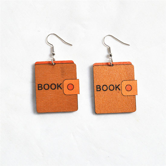 Picture of 1 Pair Wood College Jewelry Earrings Silver Tone Brown Notebook 6cm