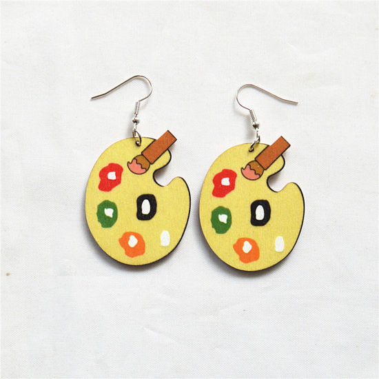 Picture of 1 Pair Wood College Jewelry Earrings Silver Tone Multicolor Palette & Brush Painting 6cm