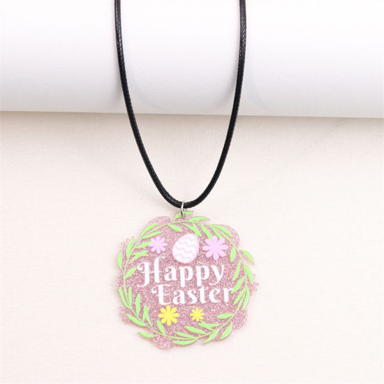 Picture of 1 Piece PU & Acrylic Easter Day Pendant Necklace Multicolor Wreath Message " Happy Easter " 40cm(15 6/8") long