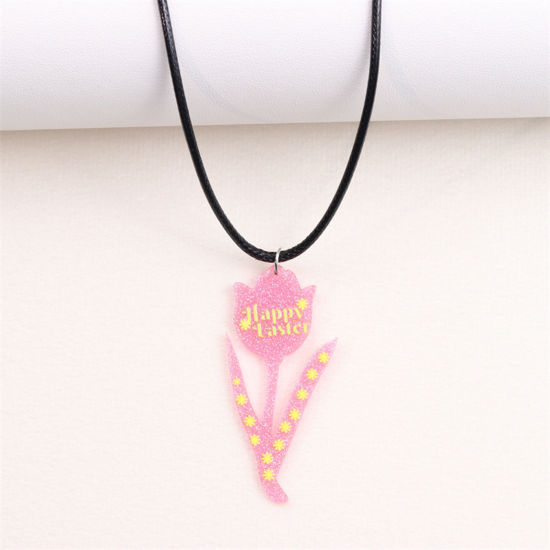 Picture of 1 Piece PU & Acrylic Easter Day Pendant Necklace Pink Flower Message " Happy Easter " 40cm(15 6/8") long