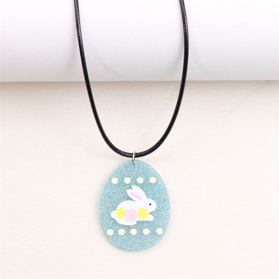 Picture of 1 Piece PU & Acrylic Easter Day Pendant Necklace Blue Oval Rabbit 40cm(15 6/8") long