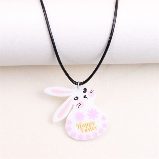 Picture of 1 Piece PU & Acrylic Easter Day Pendant Necklace Multicolor Rabbit Message " Happy Easter " 40cm(15 6/8") long