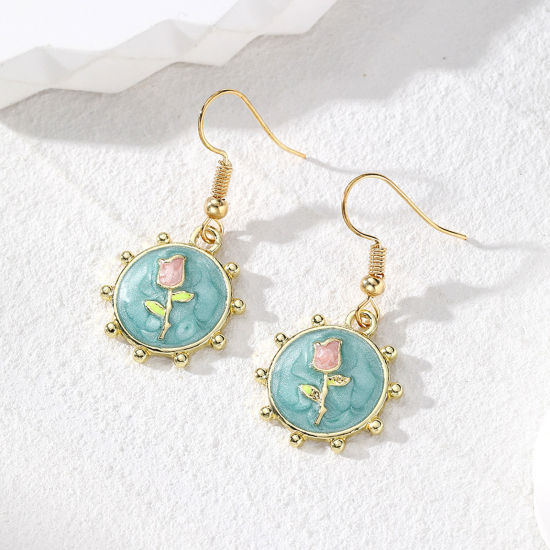 Picture of 1 Pair Retro Earrings Gold Plated Blue Round Rose Flower Enamel 3.8cm x 1.8cm