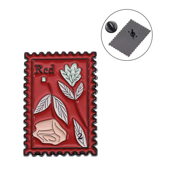 Picture of 1 Piece Pastoral Style Pin Brooches Rectangle Flower Red Enamel 3cm x 2.1cm