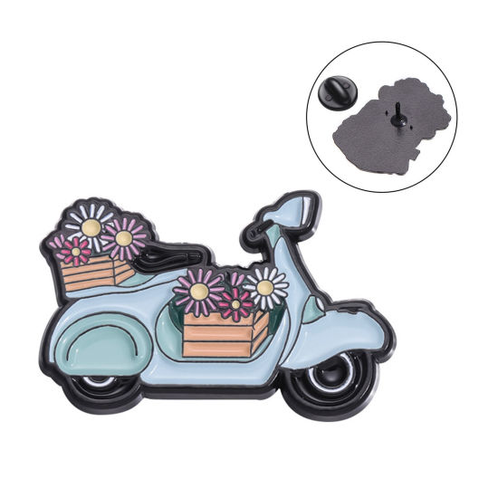 Picture of 1 Piece Stylish Pin Brooches Motorcycle Flower Steel Gray Enamel 3.1cm x 2cm