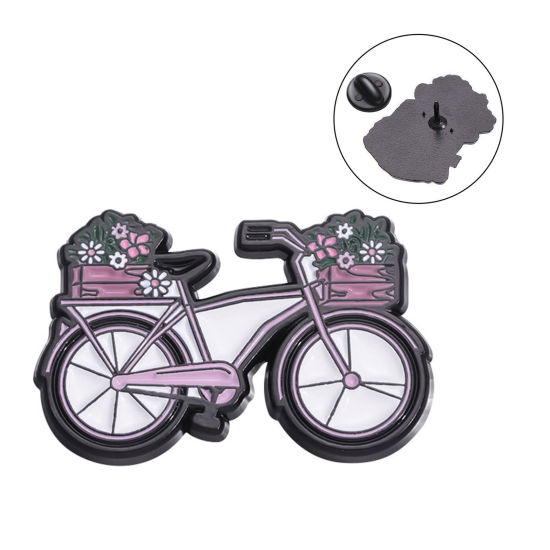 Picture of 1 Piece Stylish Pin Brooches Bicycle Flower Purple Enamel 3.1cm x 2cm