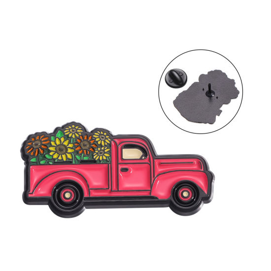 Picture of 1 Piece Stylish Pin Brooches Truck Flower Red Enamel 3.1cm x 1.5cm