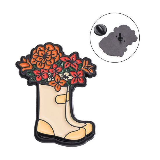 Picture of 1 Piece Stylish Pin Brooches Boots Flower Khaki Enamel 2.9cm x 2.6cm