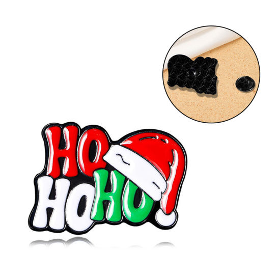 Picture of 1 Piece Retro Pin Brooches Christmas Hats Message " HOHOHO " Multicolor Enamel 3cm x 2.3cm