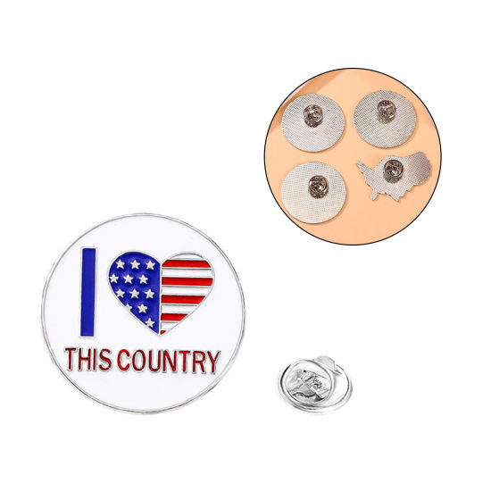 Picture of 1 Piece American Independence Day Pin Brooches Round National Flag Silver Tone Enamel 3.5cm x 3.5cm