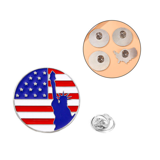 Picture of 1 Piece American Independence Day Pin Brooches Round Statue of Liberty Silver Tone Enamel 3.5cm x 3.5cm