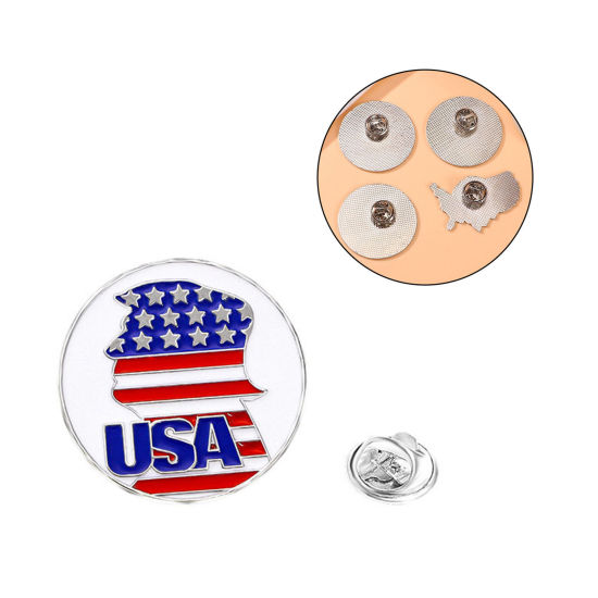 Picture of 1 Piece American Independence Day Pin Brooches Round National Flag Message " USA " Silver Tone Enamel 3.5cm x 3.5cm