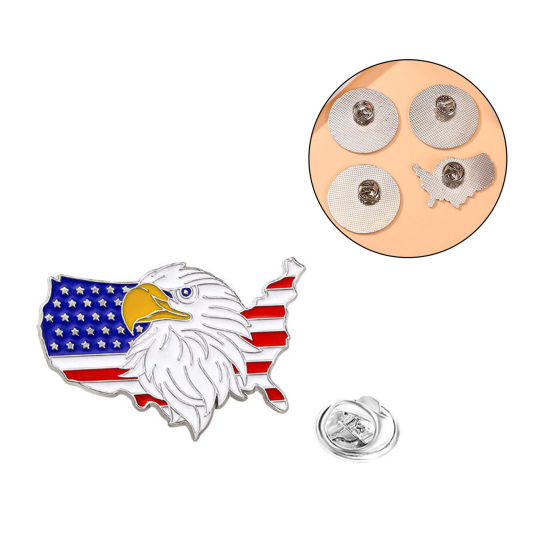 Picture of 1 Piece American Independence Day Pin Brooches Map Eagle Silver Tone Enamel 4cm x 2.7cm