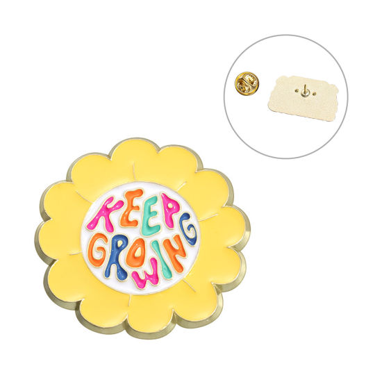 Picture of 1 Piece Cute Pin Brooches Sunflower Message " KEEP GROWING " Gold Plated Enamel 3cm x 3cm