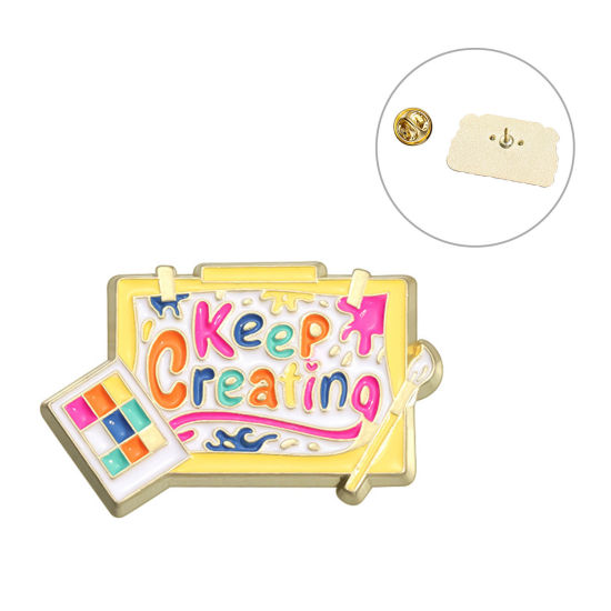 Picture of 1 Piece Cute Pin Brooches Palette & Brush Message " Keep Grearting " Gold Plated Enamel 3cm x 2cm