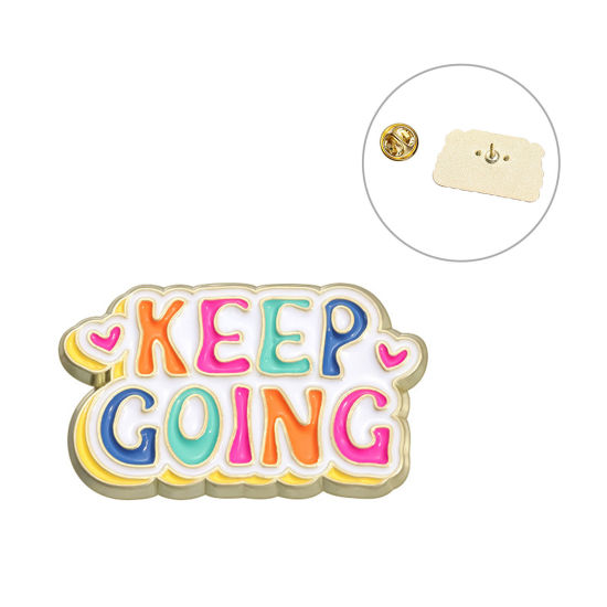 Picture of 1 Piece Cute Pin Brooches Heart Message " KEEP GOING " Gold Plated Enamel 3cm x 1.9cm