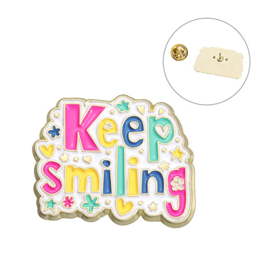 Picture of 1 Piece Cute Pin Brooches Heart Pentagram Star Message " Keep Smiling " Gold Plated Enamel 3cm x 2.6cm