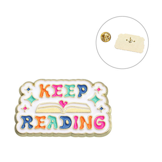 Picture of 1 Piece Cute Pin Brooches Book Star Message " KEEP READING " Gold Plated Enamel 3cm x 1.9cm