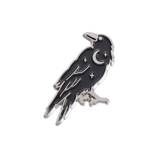 Picture of 1 Piece Punk Pin Brooches Crow Bird Moon Black Enamel 2.9cm x 2.2cm