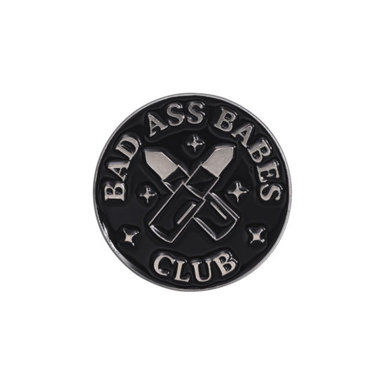 Picture of 1 Piece Punk Pin Brooches Round Lipstick Black Enamel 3cm x 3cm