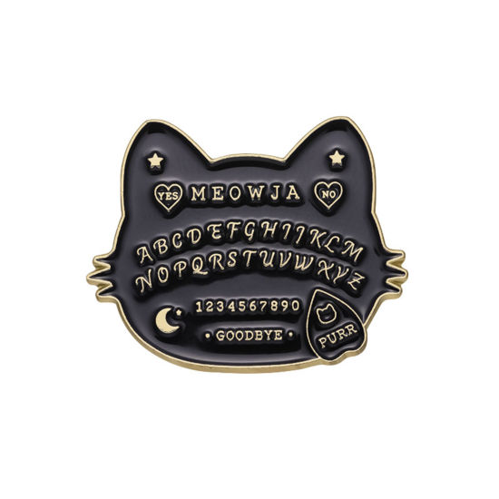 Picture of 1 Piece Punk Pin Brooches Cat Animal Pentagram Star Gold Plated Black Enamel 2.9cm x 2.3cm