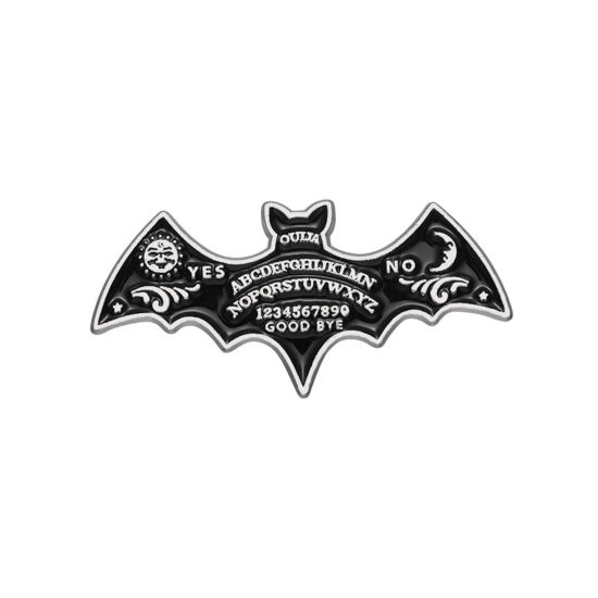 Picture of 1 Piece Punk Pin Brooches Halloween Bat Animal Sun & Moon Antique Silver Color Black Enamel 3cm x 1.4cm