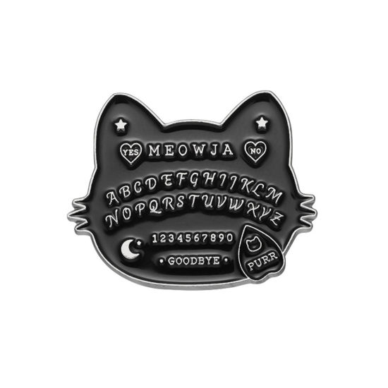 Picture of 1 Piece Punk Pin Brooches Cat Animal Pentagram Star Antique Silver Color Black Enamel 2.9cm x 2.3cm