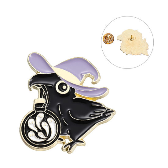 Picture of 1 Piece Punk Pin Brooches Crow Bird Halloween Ghost Gold Plated Black Enamel 2.8cm x 2.6cm