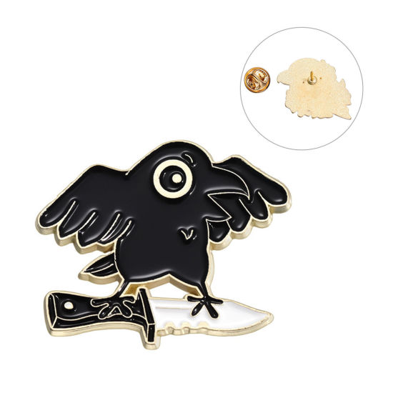 Picture of 1 Piece Halloween Pin Brooches Crow Bird Knife Gold Plated Black Enamel 3cm x 2.5cm