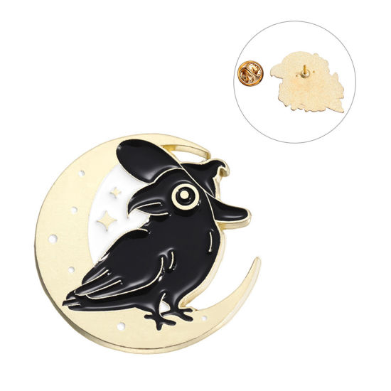 Picture of 1 Piece Punk Pin Brooches Crow Bird Moon Gold Plated Black Enamel 2.8cm x 2.8cm