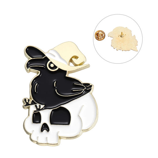 Picture of 1 Piece Halloween Pin Brooches Crow Bird Halloween Skeleton Skull Gold Plated Black Enamel 3cm x 2.1cm