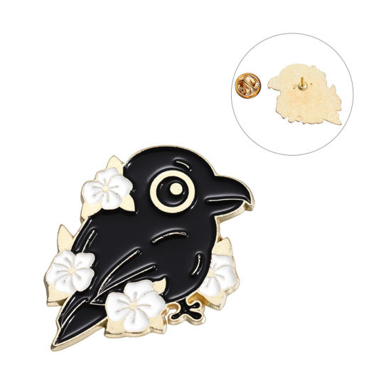 Picture of 1 Piece Punk Pin Brooches Crow Bird Flower Gold Plated Black Enamel 3.1cm x 2.6cm