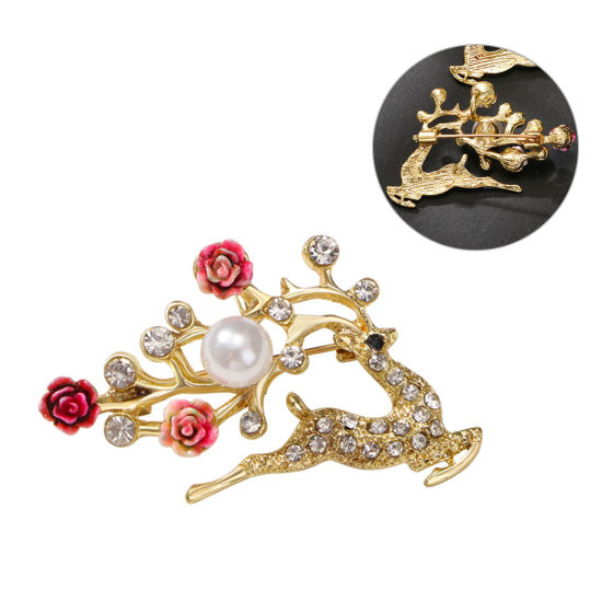 Picture of 1 Piece Elegant Pin Brooches Christmas Reindeer Flower Gold Plated Red Imitation Pearl 4.9cm x 3cm